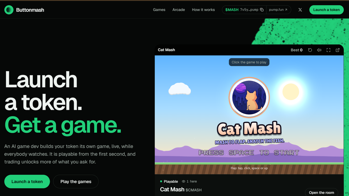 The Buttonmash homepage: a room per token, a game being built live, the challenge of the day
